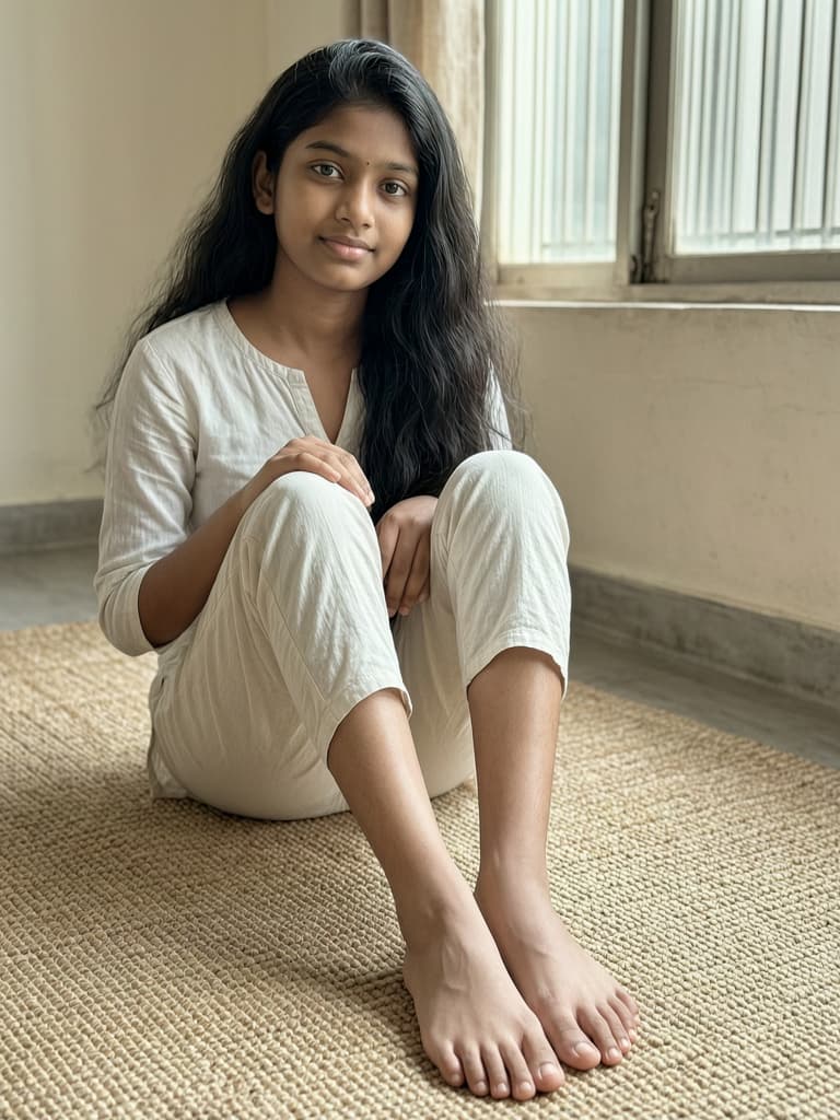 AI-generated portrait of an adult seated barefoot in a bright indoor setting
